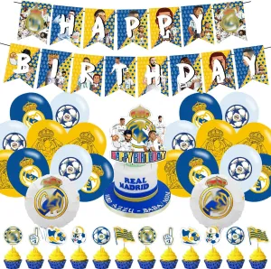 Madrid Soccer CF Soccer Theme Party Supplies with Happy Birthday Banner, Cake Topper, Cupcake Toppers, Foil Balloons for Fans Adults Party Favors