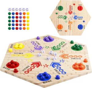 Marble Board Game, Double-Sided Wooden Board Game with 30 Marbles & 6 Dice, Colorful Wahoo Marble Ludo Game Kit for 2-6 Players