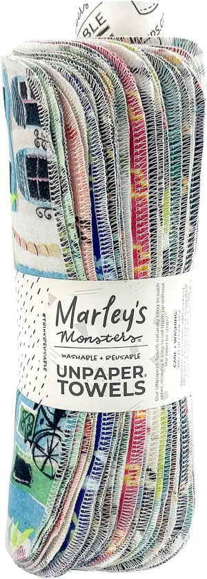 Marley's Monsters UNpaper Towels - 24 Count roll, Reusable Paper Towels, Paperless, Cotton, Tree Free (Surprise Print)