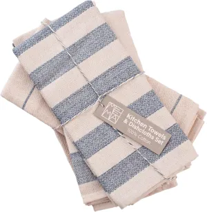 MEEMA Kitchen Towels and Dishcloths Sets of 4 | Large 20 x 28 Inch | Upcycled Cotton Tea Towel | Super Absorbent Cotton Dish Towels for Kitchen | Blue Stripes | Hand Towels