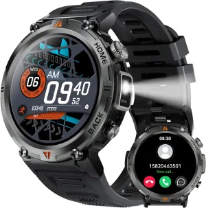 Military Smart Watch for Men with LED Flashlight 1.45” Rugged 3ATM Waterproof Smart Watch with 100  Sports Modes Fitness Tracker with Heart Rate Sleep Monitor Tactical Smartwatch for iPhone Android