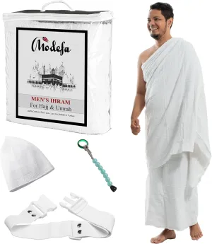 Modefa Islamic Men's Ihram Towel Set for Hajj Umrah - 2 Piece Set - 110 x 220, 100% Cotton - Combo with Belt, Kufi and Tawaf Beads