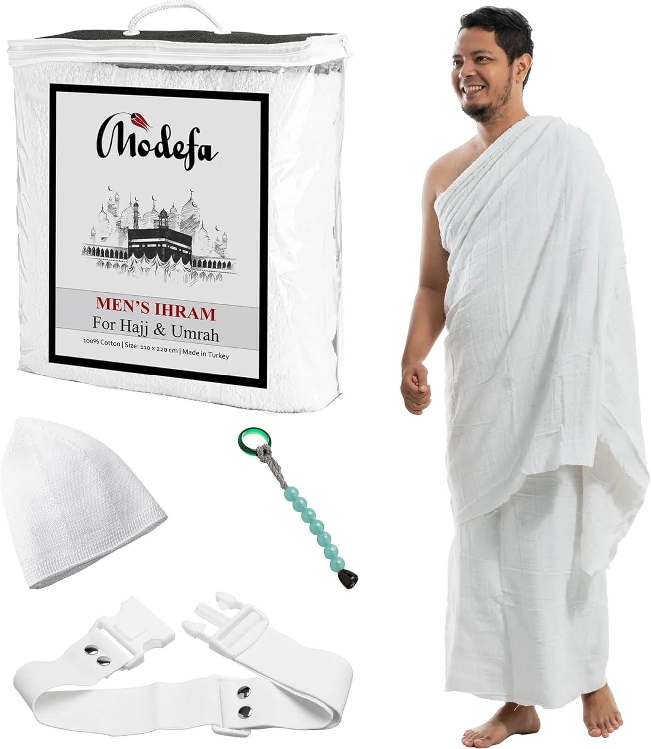Modefa Islamic Men's Ihram Towel Set for Hajj Umrah - 2 Piece Set - 110 x 220, 100% Cotton - Combo with Belt, Kufi and Tawaf Beads