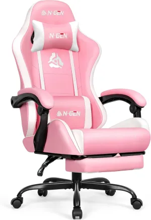 N-GEN Video Gaming Chair with Footrest High Back Ergonomic Comfortable Office Computer Desk with Lumbar Support Height Adjustable with PU Leather Recliner for Adults Women Men (Pink)