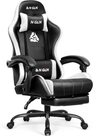 N-GEN Video Gaming Chair with Footrest High Back Ergonomic Comfortable Office Computer Desk with Lumbar Support Height Adjustable with PU Leather Recliner for Adults Women Men (White)