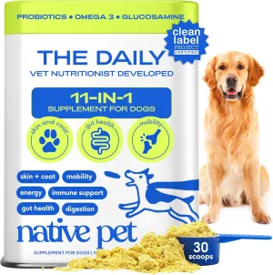 Native Pet Dog Vitamins & Supplements - 11-in-1 Multivitamin Powder for Dogs Food Topper - Collagen, Glucosamine, Probiotics, Omega & More- Supports Healthy Gut, Mobility & Overall Health -30 Scoops