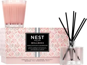 NEST New York Scented Petite Candle (4.5 oz) & Diffuser (1.3 fl oz) Set, Himalayan Salt & Rosewater - Reusable Glass Vessel - Vegan, Cruelty Free