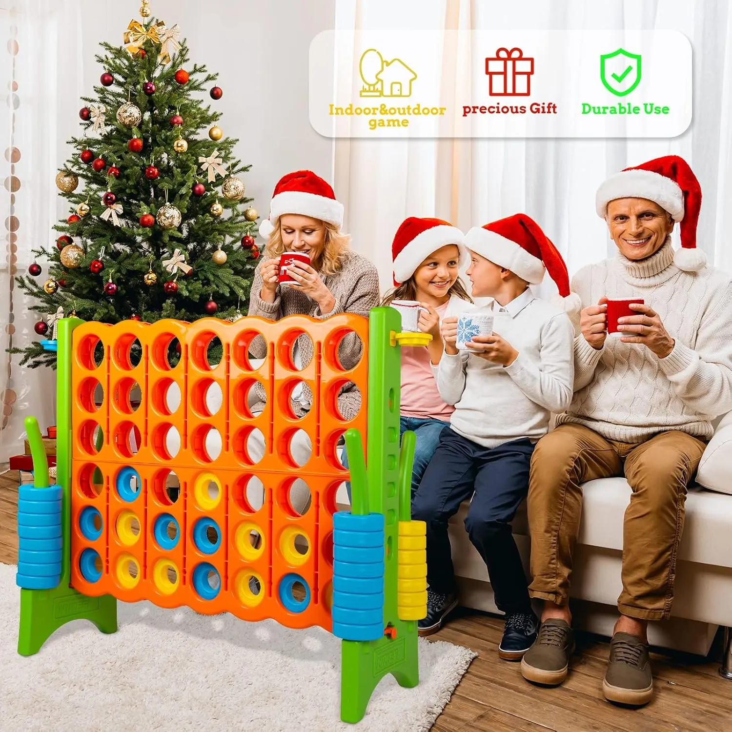 Oversized 4 in a Row Connect Game Waterproof Carry Bag,Included-4 ft X 3.5 ft Tall,4-to-Score Jumbo with 44 Pieces Rings&Drink Holder,48” Super Size-Indoor&Outdoor Giant 4 Game for Kids&Adults