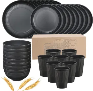 Plates and Bowls Sets for 8, 32-Piece Kitchen Dinnerware Set for 8 Tableware Wheat Straw Dinner Plates, Dessert Plates, Bowls and Cups, Dishes Set for Home Parties Camping - Black