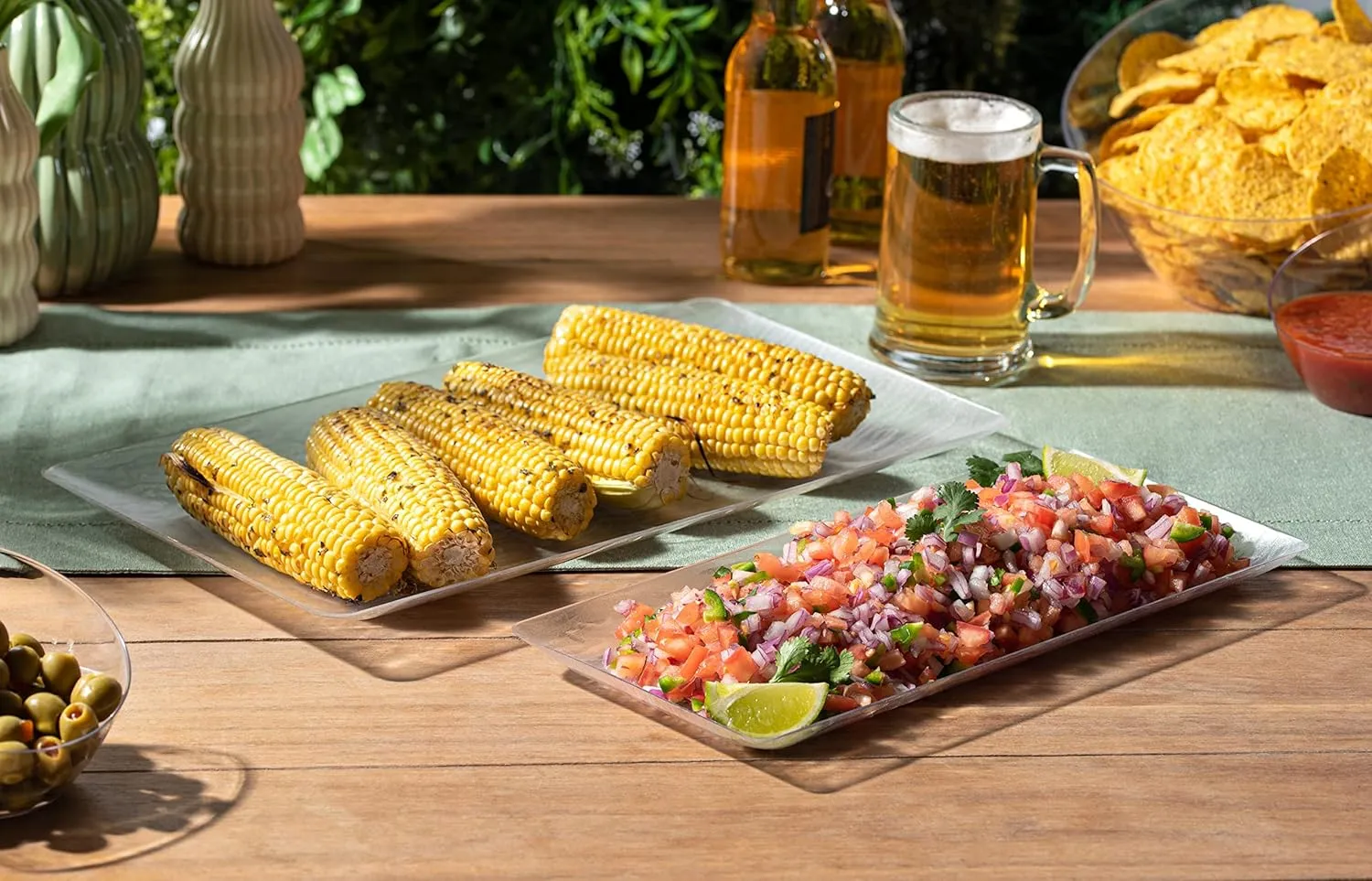 Posh Setting Serving Platters & Trays, Plastic Wood Pattern Rectangular Tray, Stackable & Disposable, 5 Pack - 14x6.25