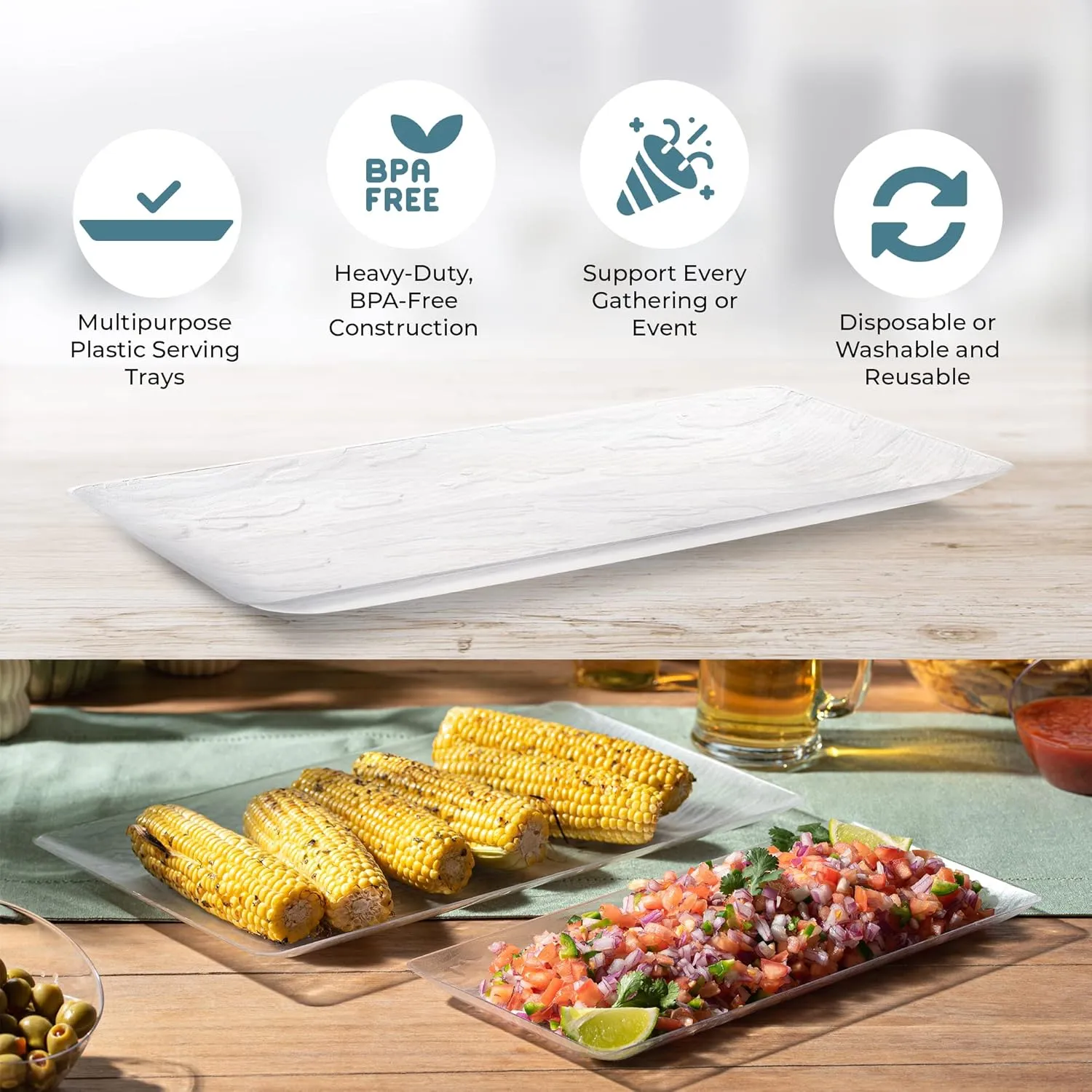 Posh Setting Serving Platters & Trays, Plastic Wood Pattern Rectangular Tray, Stackable & Disposable, 5 Pack - 14x6.25