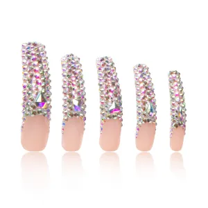 Press on Nails Angel's Tear Rhinestone | Handmade with Full Covered Crystals | Reusable Full Cover Nails | Curve Long 2.2 in | H48-S