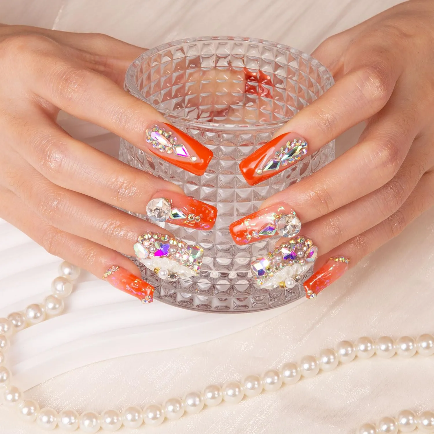 Press on Nails Sleeping Beauty| Handmade with Full Covered Crystals | Reusable Fake Nails | Square Regular 1.0 in | H74M
