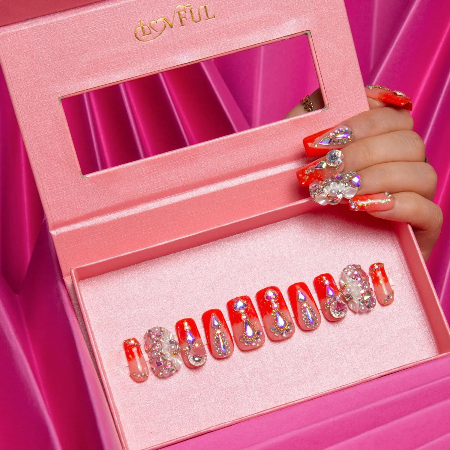 Press on Nails Sleeping Beauty| Handmade with Full Covered Crystals | Reusable Fake Nails | Square Regular 1.0 in | H74M