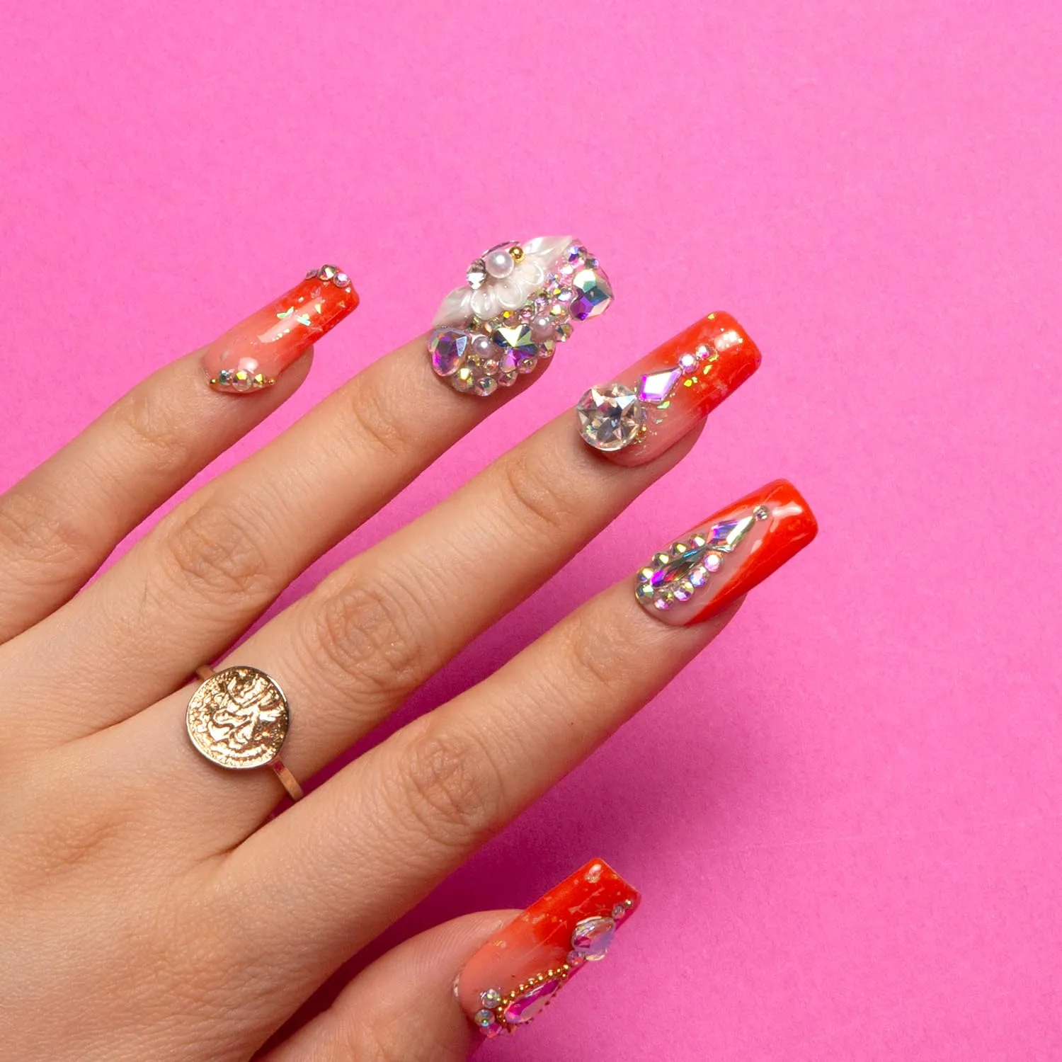 Press on Nails Sleeping Beauty| Handmade with Full Covered Crystals | Reusable Fake Nails | Square Regular 1.0 in | H74M