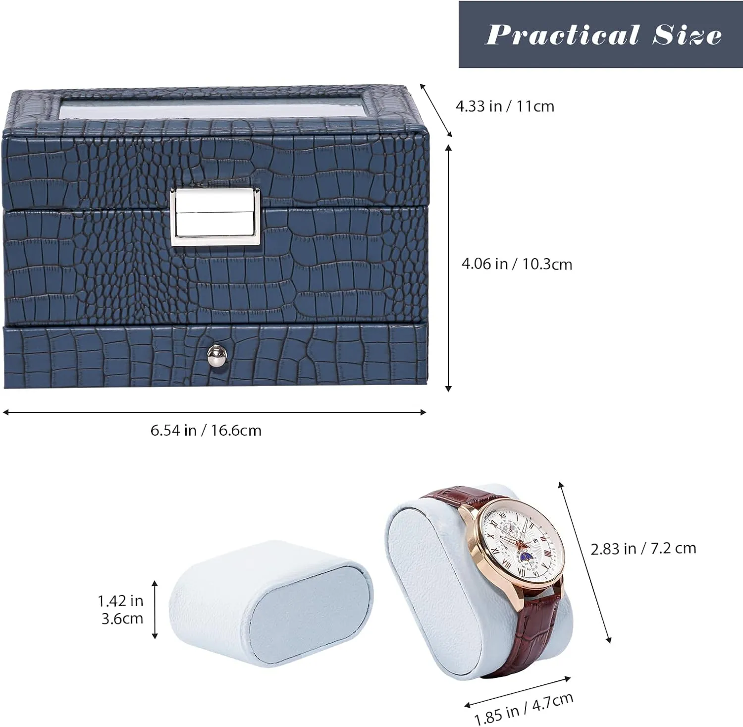 ProCase Watch Box for Men, 3 Slot Watch Display Case with Drawer, Mens Watch Case With Glass Lid, 2-Layer Jewelry and Watch Storage Watch Holder Organizer for Men Women -3 Slot, CrocCobaltBlue