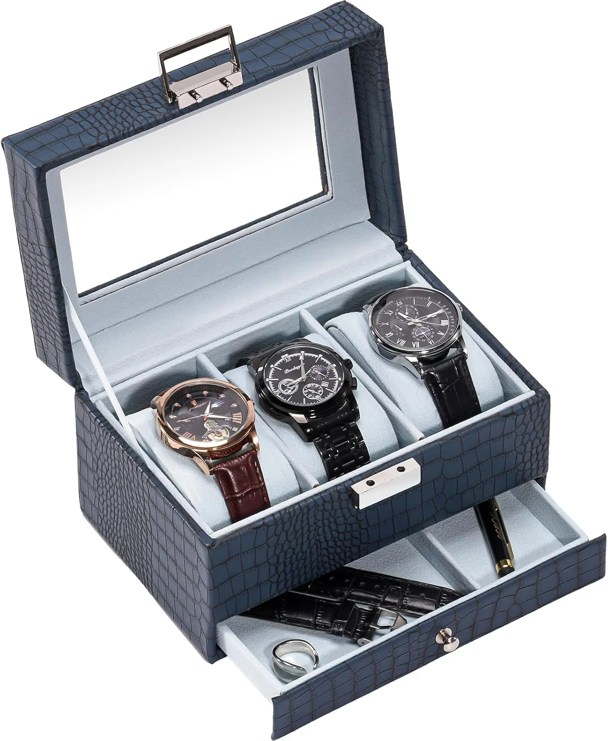 ProCase Watch Box for Men, 3 Slot Watch Display Case with Drawer, Mens Watch Case With Glass Lid, 2-Layer Jewelry and Watch Storage Watch Holder Organizer for Men Women -3 Slot, CrocCobaltBlue
