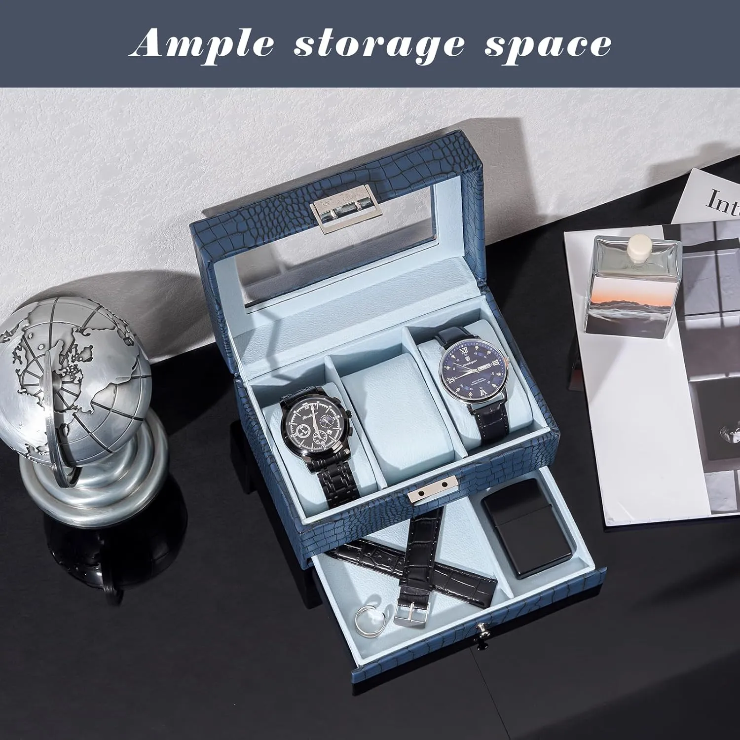 ProCase Watch Box for Men, 3 Slot Watch Display Case with Drawer, Mens Watch Case With Glass Lid, 2-Layer Jewelry and Watch Storage Watch Holder Organizer for Men Women -3 Slot, CrocCobaltBlue