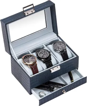 ProCase Watch Box for Men, 3 Slot Watch Display Case with Drawer, Mens Watch Case With Glass Lid, 2-Layer Jewelry and Watch Storage Watch Holder Organizer for Men Women -3 Slot, CrocCobaltBlue