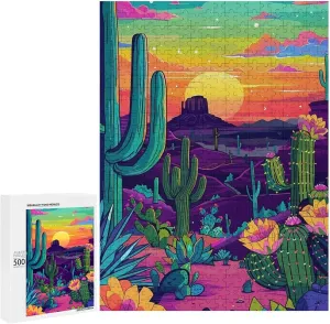 Puzzles for Adults 500 Pieces - Desert Landscapes with Cacti and Flowers Cactus Puzzle Christmas Perfect for Relaxation Activity Difficult Challenging Puzzles