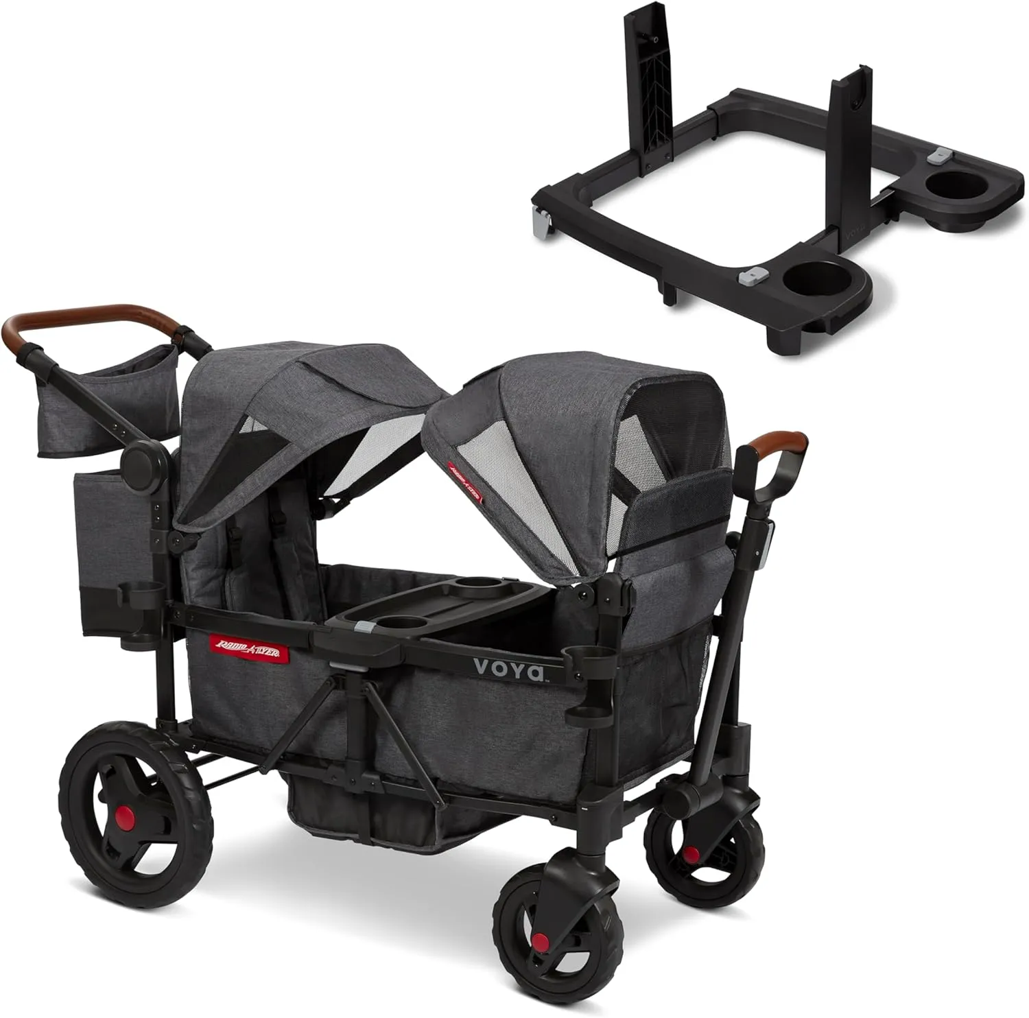 Radio Flyer Voya Stroller Wagon and Britax, Nuna, Cybex Car Seat Adapter Bundle, 2-Seater Collapsible Wagon with Low Sides and Adjustable Canopies, Gray