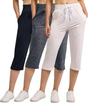 Real Essentials 3-Pack: Women's Capri Open Bottom Soft Sweatpants with Drawstring (Available in Plus Size)