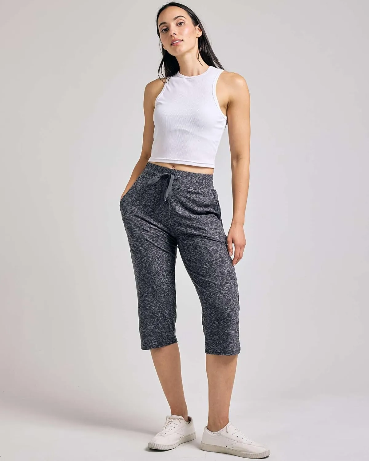 Real Essentials 3-Pack: Women's Capri Open Bottom Soft Sweatpants with Drawstring (Available in Plus Size)