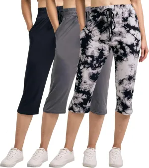 Real Essentials 3-Pack: Women's Capri Open Bottom Soft Sweatpants with Drawstring (Available in Plus Size)