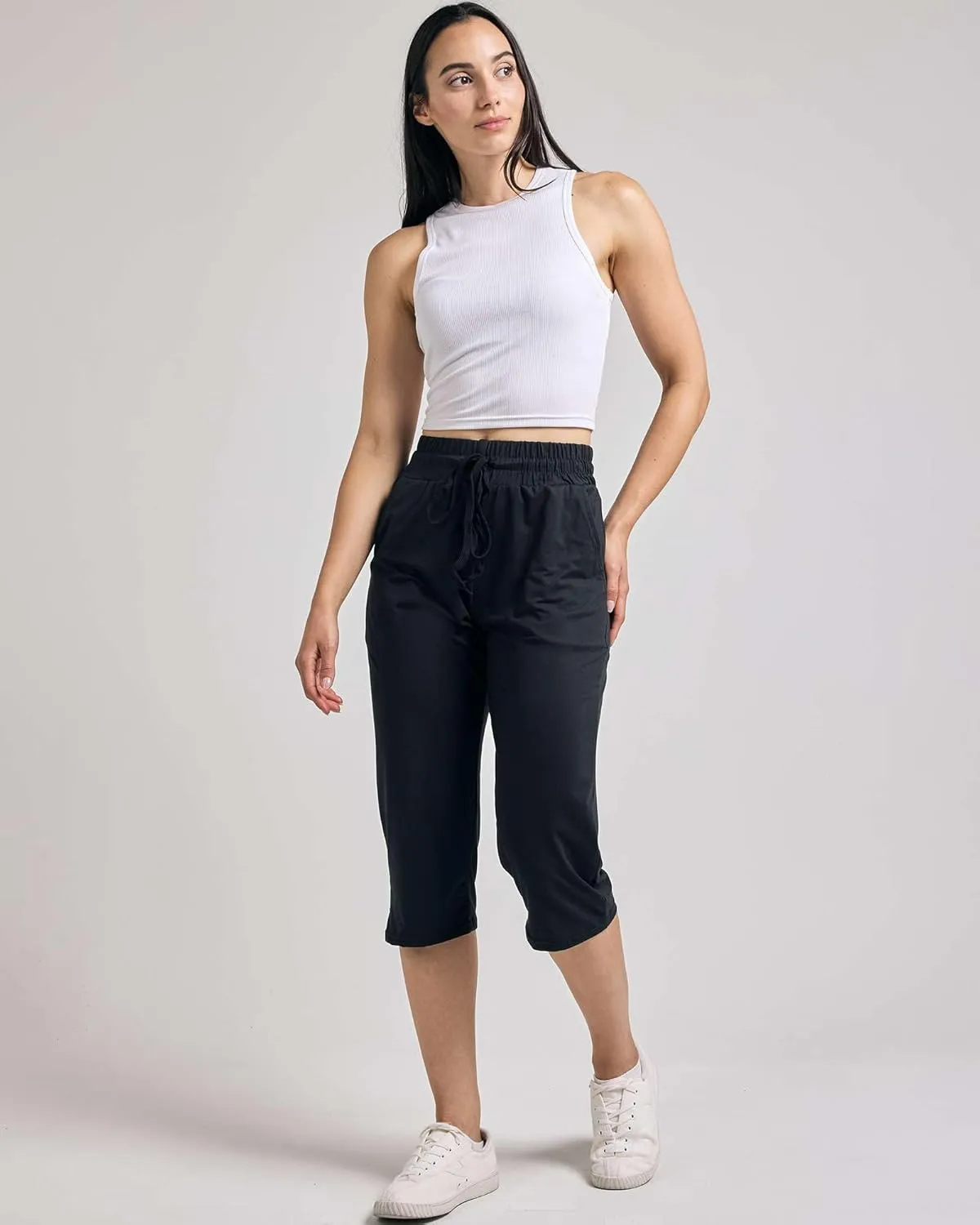 Real Essentials 3-Pack: Women's Capri Open Bottom Soft Sweatpants with Drawstring (Available in Plus Size)