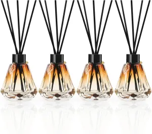 Reed Diffuser Set - 4 Empty Bottles With 20 Sticks, Delicate Gold Leaf Decor, Glass Fragrance Diffuser With Lids for Home, Bathroom | Refillable, Diamond Style Black
