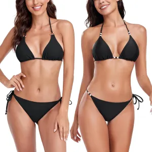 RELLECIGA Women's Triangle Two Piece Swimsuit Low Rise Bikini Sets V Neck Swim Suits (Black,M)