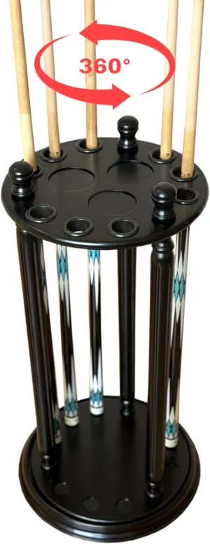 Revolving Billiard Cue Rack, Pool Stick Holder Floor Stand holds 9 Pool Table Sticks, Made of 100% Solid Wood (Black)