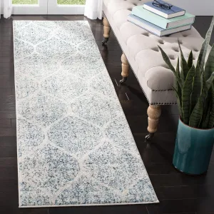 SAFAVIEH Madison Collection Runner Rug - 2'3" x 6', Cream & Turquoise, Glam Ogee Trellis Distressed Design, Non-Shedding & Easy Care, Ideal for High Traffic Areas in Living Room, Bedroom (MAD604E)