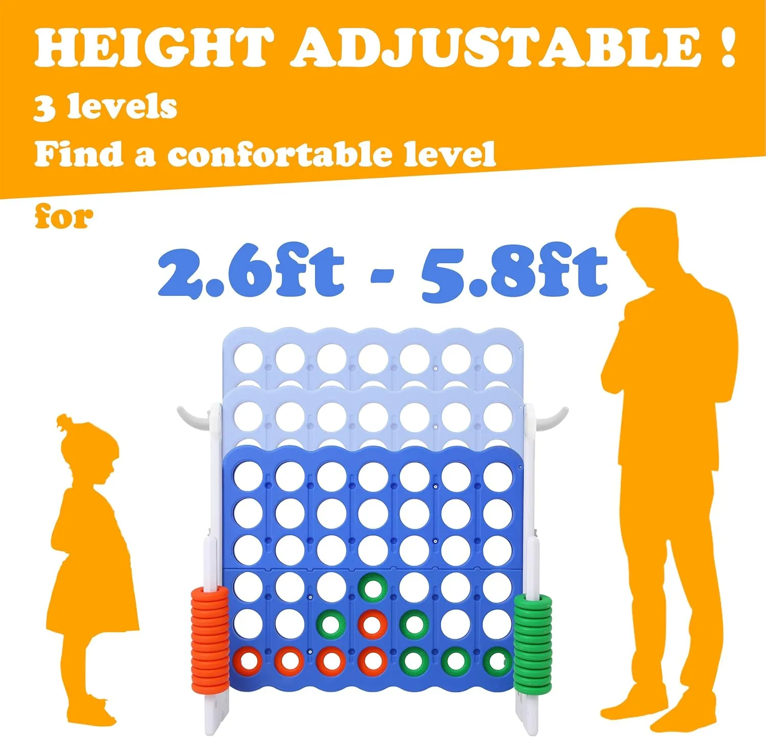 SDADI Height Adjustable Giant 4 in a Row Connect Game, 2-in-1 Jumbo 4-to-Score Game with Ring Toss Game Set, Indoor Outdoor Yard Game Party Game for Kids Adults and Family, White