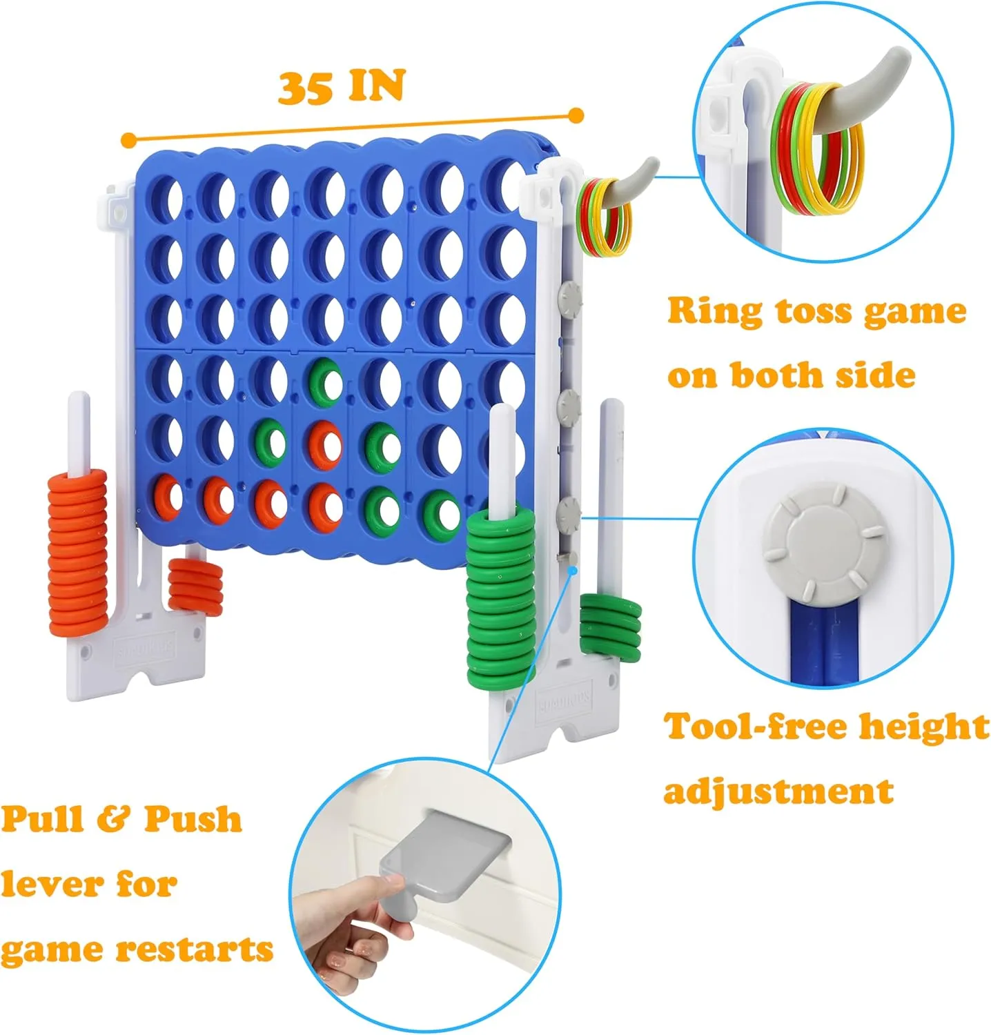 SDADI Height Adjustable Giant 4 in a Row Connect Game, 2-in-1 Jumbo 4-to-Score Game with Ring Toss Game Set, Indoor Outdoor Yard Game Party Game for Kids Adults and Family, White