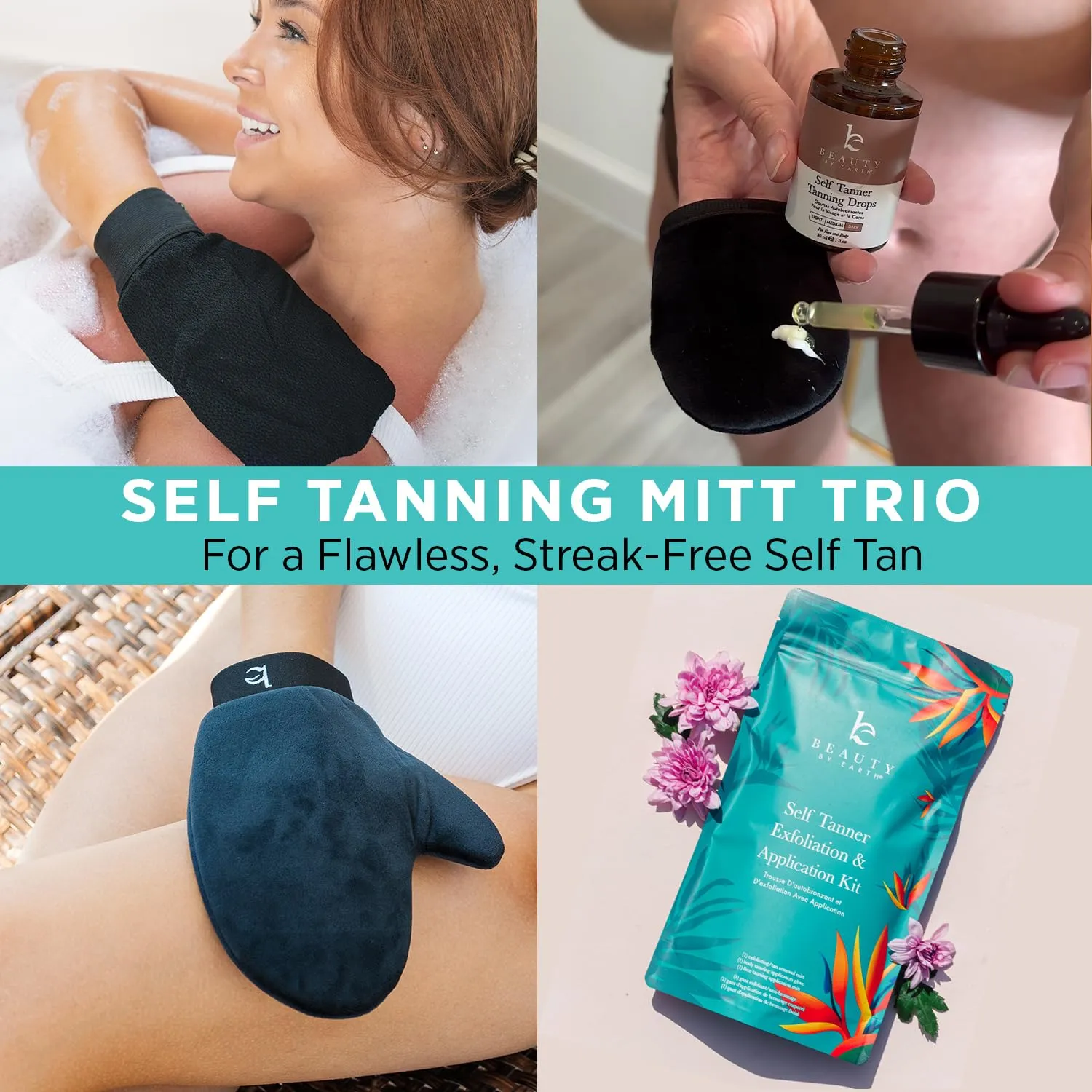 Self Tanning Mitt Applicator Set - 3 in 1 Ultra Soft Mitts, Exfoliating Glove, Face & Body Tanner Glove w/Thumb, for the Perfect Streak-Free Fake Tan, Velvety Soft Tanning Lotion Applicator, Reusable