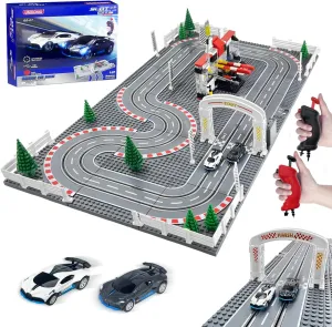 Slot Car Race Track Set with 2 High-Speed Slot Cars, 2 Speed Controllers & 1:87 Block-Building Baseplate – Compatible with Building Blocks for Custom DIY Racetrack, Gift for Boy Ages 8 ​