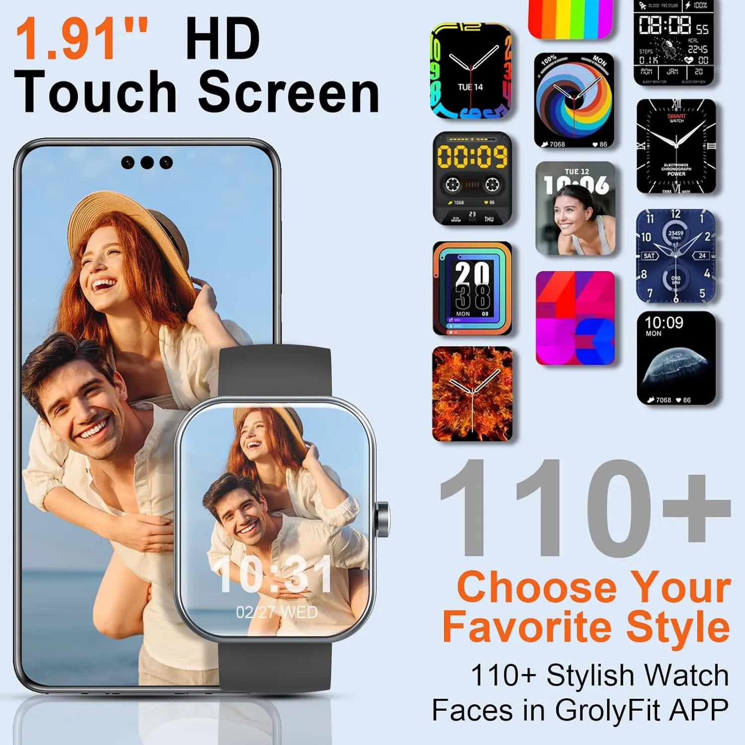 Smart Watch, 1.91" Smartwatch for Men Women (Answer/Make Call), Fitness Tracker with 100  Sport Modes, IP68 Waterproof, Heart Rate/Sleep Monitor, Spo2, Pedometer, Activity Tracker for Android iOS