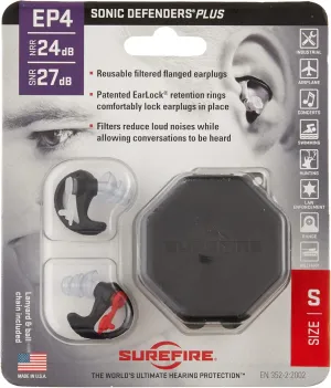 SureFire EP4 Sonic Defenders Plus filtered Earplugs, triple flanged design, reusable, Black, Small