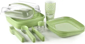 Tribello Camping Picnic Dishes Set with Case, 32 Plastic Reusable Cutlery - BPA Free, Microwave / Dishwasher Safe