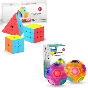 Vdealen Magic Rainbow Puzzle Ball & 2x2x2 3x3x3 Pyramid Magic Cube Set