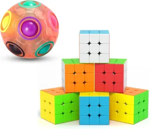 Vdealen Rainbow Puzzle Ball and 6 Pack 3x3x3 Stickerless Magic Cube Bundle