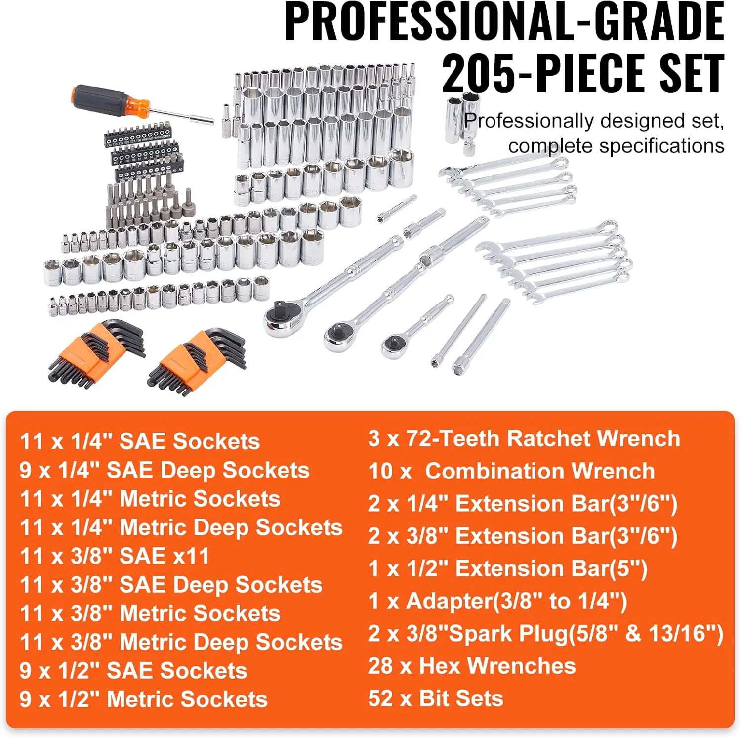 VEVOR Mechanics Tool Set, 205 Pcs SAE and Metric Sockets, 1/4" 3/8" 1/2" Drive Deep and Standard Sockets, Chrome Vanadium Steel, Polyethylene