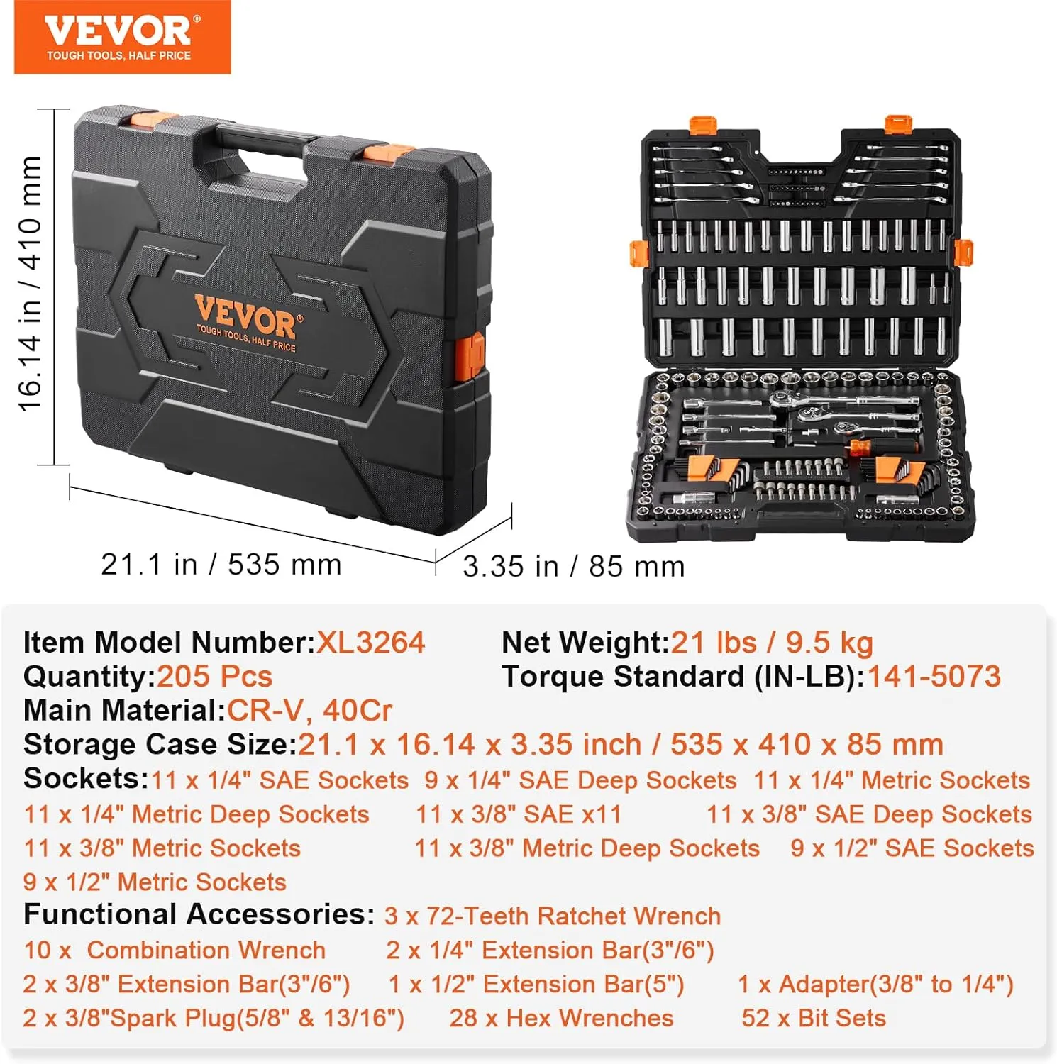 VEVOR Mechanics Tool Set, 205 Pcs SAE and Metric Sockets, 1/4" 3/8" 1/2" Drive Deep and Standard Sockets, Chrome Vanadium Steel, Polyethylene