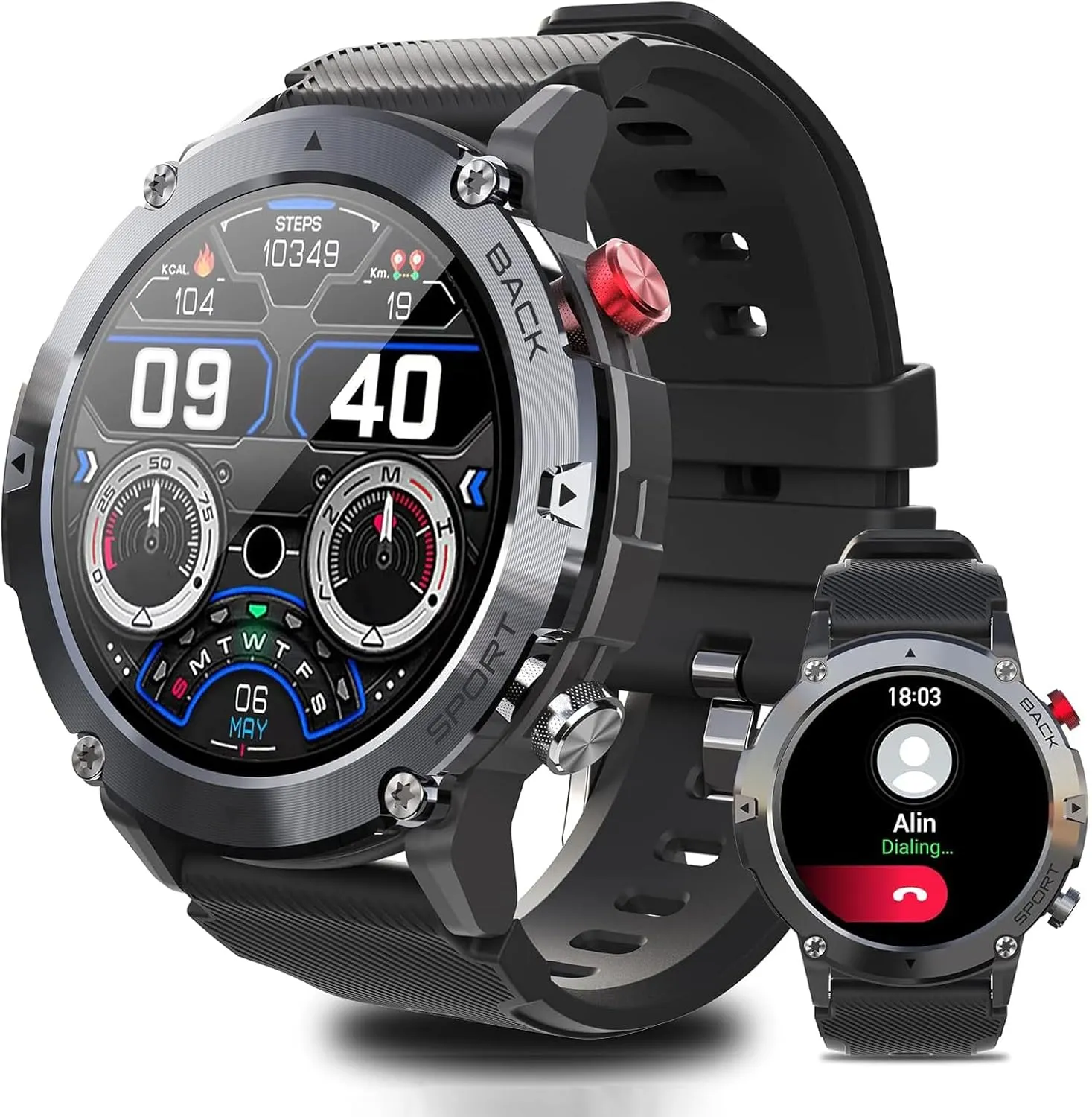 VIRAN Military Smart Watches for Men, 5ATM Waterproof Rugged Smart Watch with Bluetooth Call (Answer/Dial Call), Outdoor Fitness Tracker Watch with 100  Sport Modes for Android and iOS (C21-Black)
