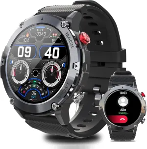 VIRAN Military Smart Watches for Men, 5ATM Waterproof Rugged Smart Watch with Bluetooth Call (Answer/Dial Call), Outdoor Fitness Tracker Watch with 100  Sport Modes for Android and iOS (C21-Black)