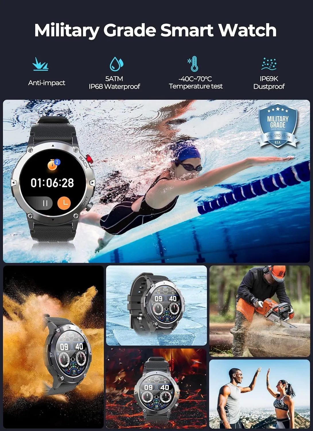VIRAN Military Smart Watches for Men, 5ATM Waterproof Rugged Smart Watch with Bluetooth Call (Answer/Dial Call), Outdoor Fitness Tracker Watch with 100  Sport Modes for Android and iOS (C21-Black)