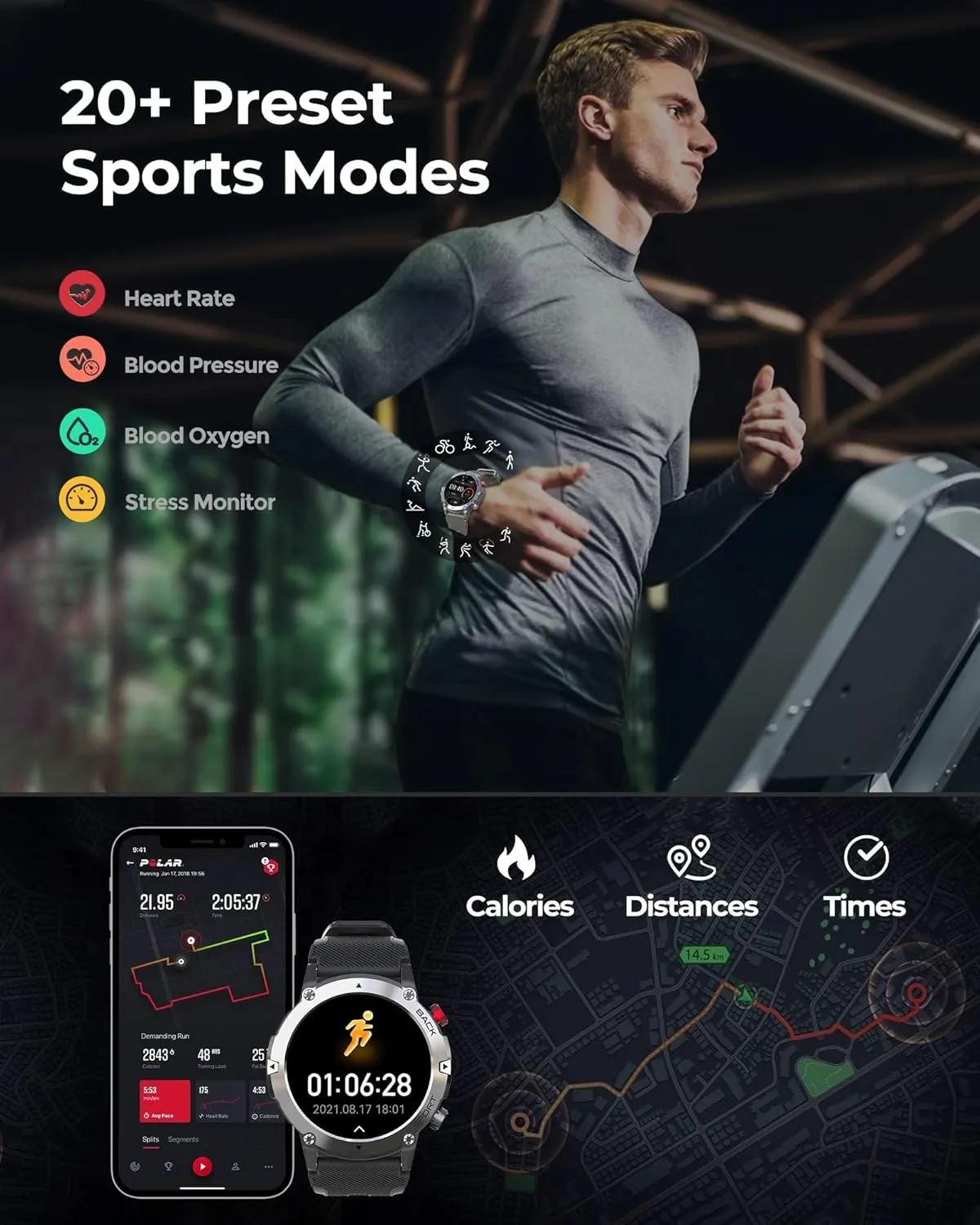 VIRAN Military Smart Watches for Men, 5ATM Waterproof Rugged Smart Watch with Bluetooth Call (Answer/Dial Call), Outdoor Fitness Tracker Watch with 100  Sport Modes for Android and iOS (C21-Black)
