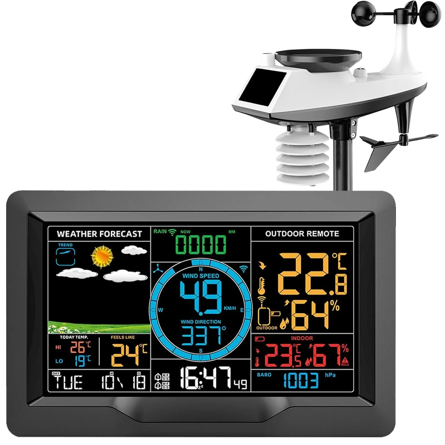 Weather Station Wireless Indoor Outdoor, Professional Weather Stations with Rain Gauge and Wind Speed/Direction, Weather Forecast, Thermometer, Air Pressure, Humidity, Moon Phase, Alarm Clock