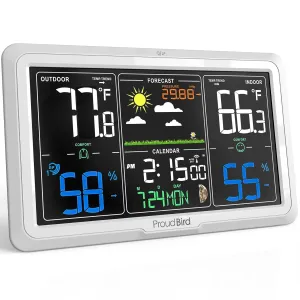 Weather Station Wireless Indoor Outdoor Thermometer, Wide Viewing Angle Home Weather Stations, Colorful Large 7.6" Display, Atomic Clock Weather Forecast Adjustable Backlight, White